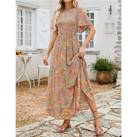 ZESICA Women's 2025 Summer Casual Floral Print Short Flutter Sleeve Crew Neck - Picture 2 of 7